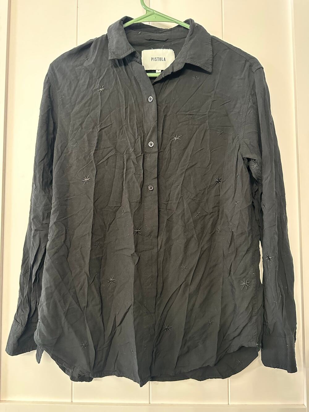 Pistola black cotton voile oversized button-down shirt with stars sz S